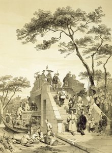 Híd Kanton közelében, 30. tábla a „Sketches of China”-ból, Eugene Ciceri (1813-90) metszet, 1842 (színezett litho)